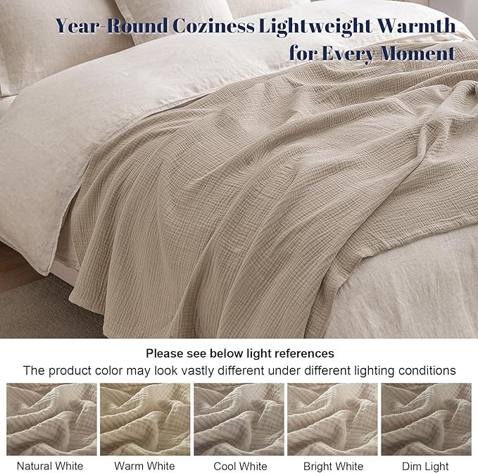 PHF 100% Cotton Muslin Throw XL Blanket Large 50" x 70", 4-Layer Lightweight Gauze Throw, Breathable Cloud-Soft Minimalist Blanket for Bed, Couch, Camping & Baby, Taupe, Ideal Gift