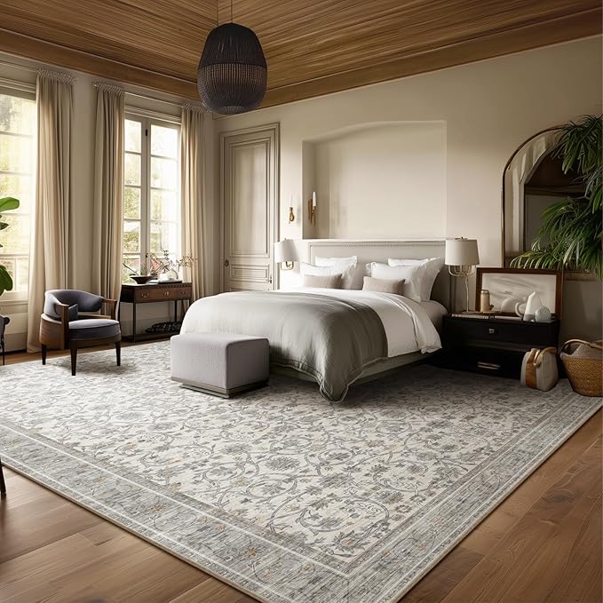 Washable Rugs for Living Room: 9x12 Area Rugs for Bedroom Ultral Soft Non-Slip Stain Resistant Vintage Boho Large Carpet for High-Traffic Dining Room - Farmhouse Decor