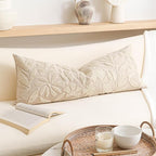 BlissBlush 14x36 Lumbar Pillow Cover for Bed, Rectangular Decorative Long Throw Pillowcase, Embroidered Farmhouse Accent Cushion, Beige Neutral Floral Tufted (Cover Only)