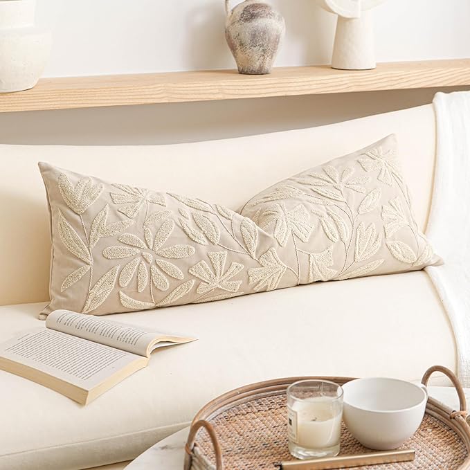 BlissBlush 14x36 Lumbar Pillow Cover for Bed, Rectangular Decorative Long Throw Pillowcase, Embroidered Farmhouse Accent Cushion, Beige Neutral Floral Tufted (Cover Only)
