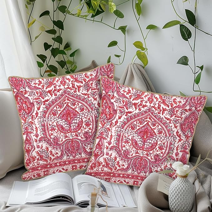 KSLIDS Pink Teal Flower Soft Velvet Throw Pillow Covers Set of 2 Boho Ethnic Red Foral Decorative Pillow Covers 20x20 Inch Bohemian Farmhouse Pillow Case for Sofa Couch Living Room Home Decor