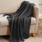 LOMAO Knitted Throw Blanket with Tassels Bubble Textured Lightweight Throws for Couch Cover Home Decor (Black, 50x60)
