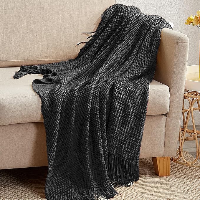 LOMAO Knitted Throw Blanket with Tassels Bubble Textured Lightweight Throws for Couch Cover Home Decor (Black, 50x60)