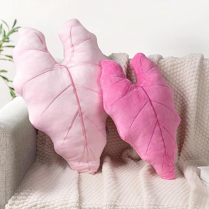 AELS Set of 2 3D Leaves Decorative Valentine Throw Pillows, 23.6" & 18.8" Philodendron Gloriosum Plush Pillow Set for Plant Lovers Garden Lovers, Living Room Bedroom Decor, Hot Pink & Pale Pink