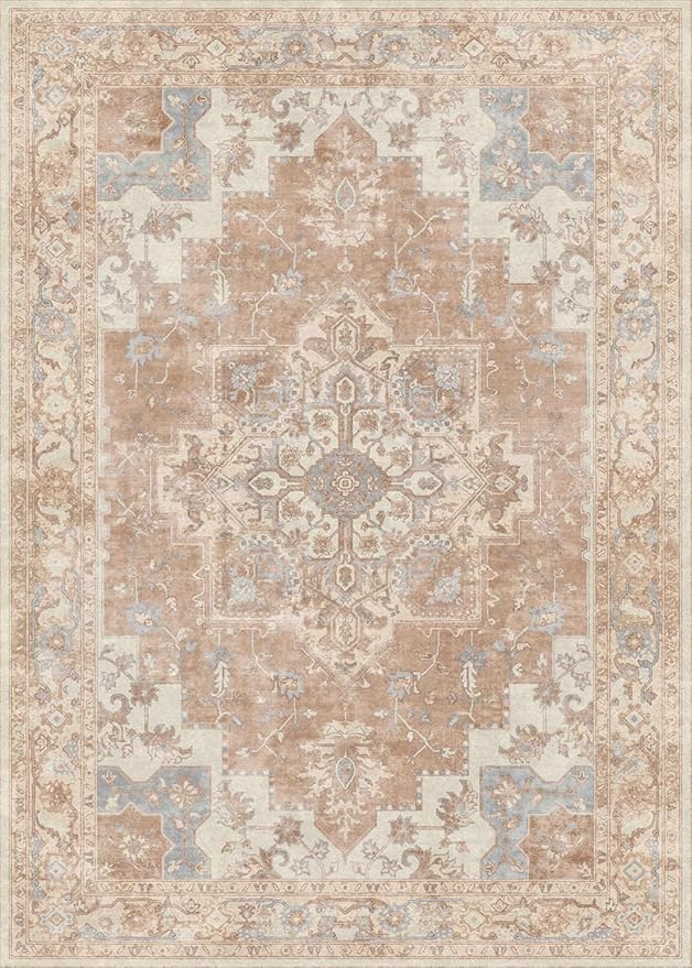 GENIMO 6x9 Area Rugs for Living Room, Machine Washable Non Slip Rugs, Low Pile Lightweight Vintage Print Rug for Bedroom, Dining Room, Home Office, Warm Orange