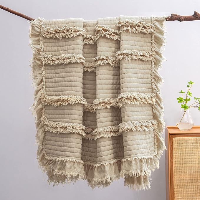 Ultra Soft Pre-Washed Quilted Boho Beige King Size Blankets for Bed, Ruffle Fringed Decorative Throw, Stone Washed Chic Rustic Blanket for Sofa Couch Bed, 104"*90"