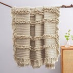 Ultra Soft Pre-Washed Quilted Boho Beige King Size Blankets for Bed, Ruffle Fringed Decorative Throw, Stone Washed Chic Rustic Blanket for Sofa Couch Bed, 104"*90"