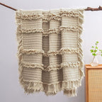 Ultra Soft Pre-Washed Quilted Boho Beige Queen Size Blankets for Bed, Ruffle Fringed Decorative Throw, Stone Washed Chic Rustic Blanket for Sofa Couch Bed, 90"*90"
