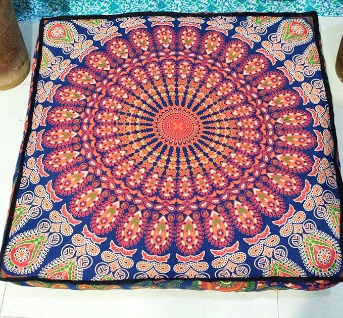 ICC 24" Orange Peacock Mandala Barmeri Large Floor Pillow Cover Cushion Meditation Seating Ottoman Throw Cover Hippie Decorative Zipped Bohemian Pouf Ottoman Pom Pom Cases 24" Square