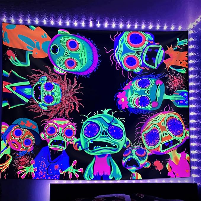 Horror Tapestry Blacklight Tapestry for Bedroom Zombie Crowd Around Tapestries UV Reactive Poster Glow in the Dark Walker Undead Ghoul Tapestries Wall Hanging Halloween Decor Scary Room Decor 90"x71"