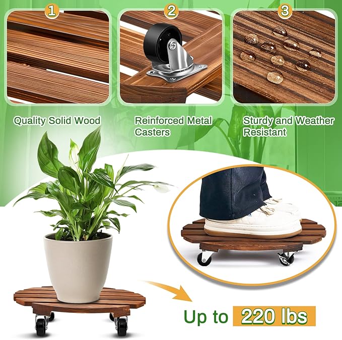 Taiyin 2 Pack 16 Inch Wooden Plant Stand with Lockable Wheels 220 Lbs Heavy Duty Plant Roller with Casters for Outdoor Indoor