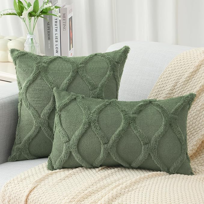 decorUhome Spring Throw Pillow Covers 16x16 Inch Set of 2, Soft Plush Faux Fur Wool Olive Green Accent Couch Pillow Covers for Modern Farmhouse Bed Sofa Living Room