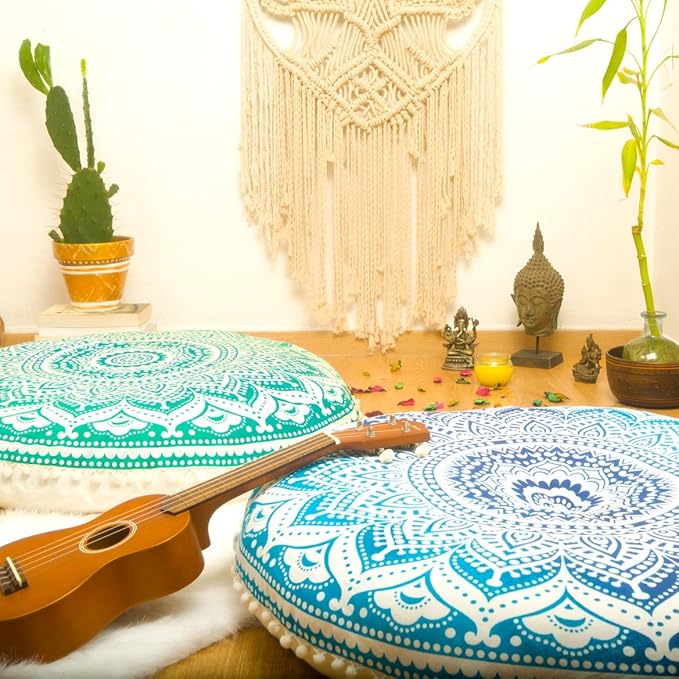 Mandala Life ART Yoga Decor Floor Cushion Cover - Round Meditation Pillow Case - Hand Printed Organic Cotton Pouf