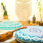 Mandala Life ART Yoga Decor Floor Cushion Cover - Round Meditation Pillow Case - Hand Printed Organic Cotton Pouf