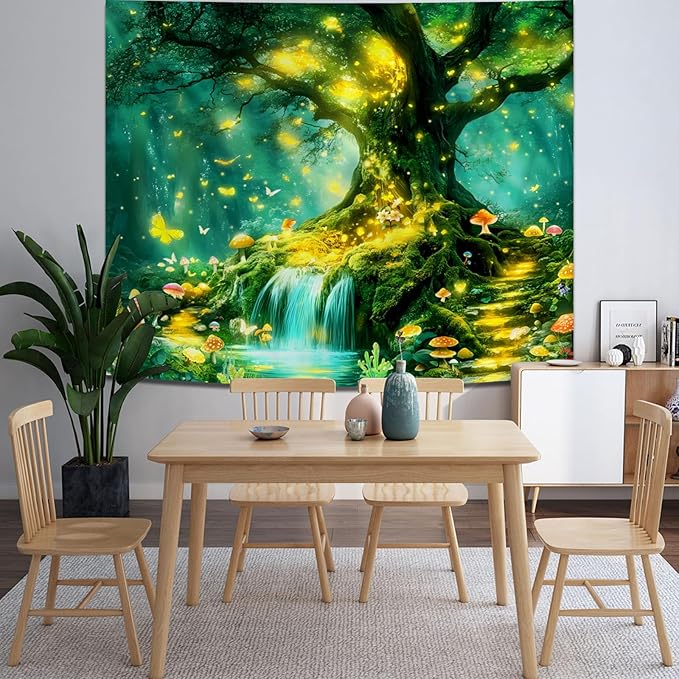 Apdidl Forest Nature Green Tapestry for Bedroom, Tree of Life Wall Art Big Tree Landscape Tapestries, Fairy Tales Fantasy Magical Butterfly Mushroom Backdrop Wall Hanging for Living Room Decor 51"X60"