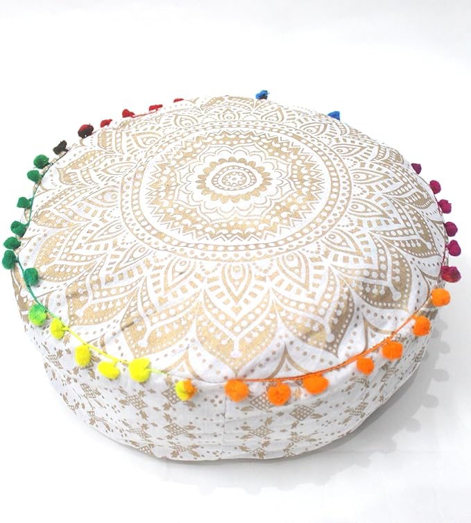 INDIAN CRAFT CASTLE ICC Mandala Barmeri Large Floor Pillow Cover Cushion Meditation Seating Ottoman Throw Cover Hippie Decorative Zipped Bohemian Pouf Ottoman Cases White Gold, 18" Round