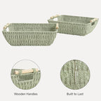 StorageWorks Extra Large Wicker Storage Basket for Organizing with Wooden Handles, Toilet Paper Baskets for Shelf, Bosana Green, 2-Pack