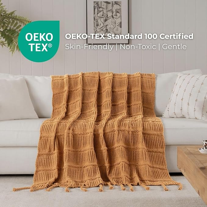 Boho Knitted Chenille Blanket with Tassels - Lightweight & Soft All-Season Throw - 3D Classic Pattern for Living Room Bedroom Couch, Amber Brown, Throw 50"x60"