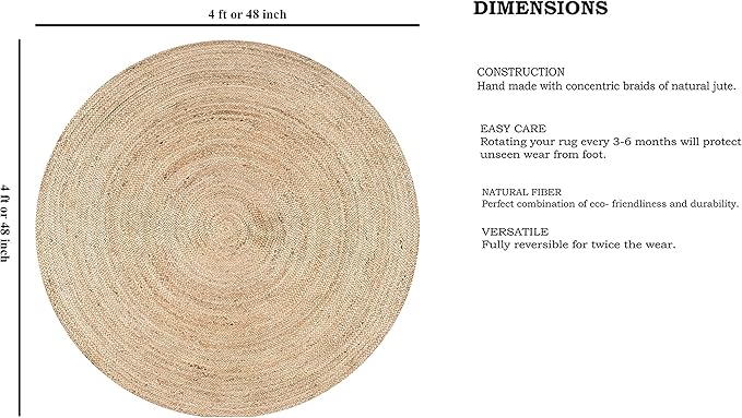 FRELISH DECOR Handwoven Jute Area Rug - 4 feet Round - Natural Yarn - Rustic Vintage Beige Braided Reversible Rug - Eco Friendly Rugs for Bedroom - Kitchen - Living Room - Farmhouse (4' Round)