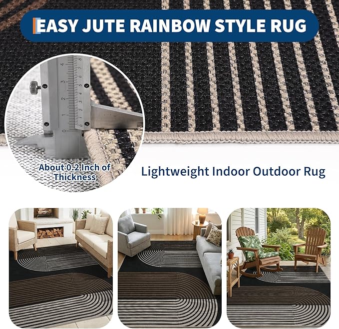 GarveeHome Modern Rainbow 8x10 Easy Jute Area Rug for Living Room -Farmhouse Indoor/Outdoor Carpet, Non-Slip & Non Shedding for Bedroom, Dining Room, Office, Backyard Patio