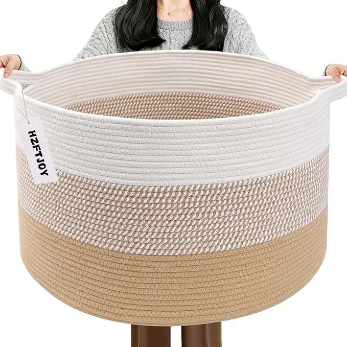 65L Large Blanket Basket,19.7" L x 19.7" W x 13" H Rope Woven Baskets with Handles, Toys Storage Bins,Laundry Basket Perfect for Living Room, Nursery,Bedroom,Home Organization,Yellow
