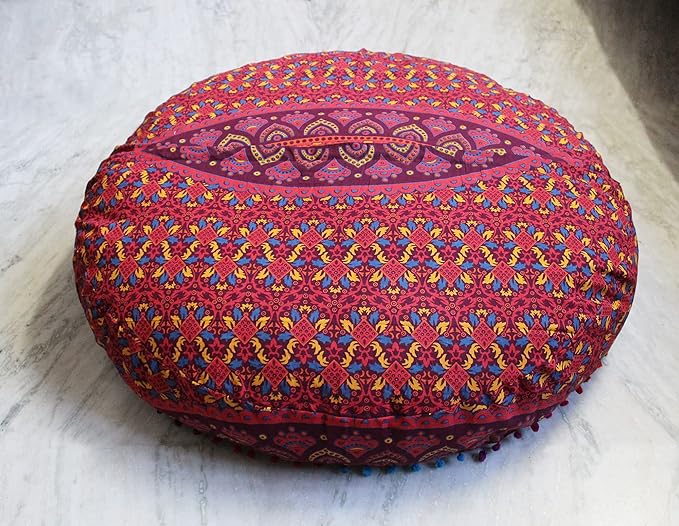 CRAFT KALA Mandala Floor Pillow Cushion Cover Seating Throw Cover Hippie Decorative Bohemian Ottoman Poufs Pom Pom Pillow Cases Boho Indian Cotton Living Room Home Décor 35" Round New Orange Ombre
