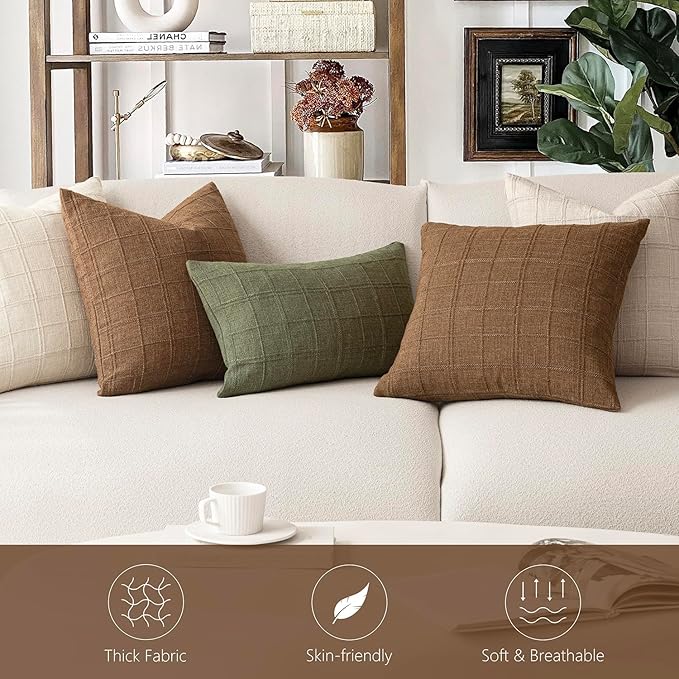 Foindtower Set of 2 Decorative Linen Check Throw Pillow Covers Neutral Farmhouse Vintage Cushion Covers Modern Boho Home Decor for Sofa Chair Couch Bedroom Living Room,16×16 Inch,Brown Hazel