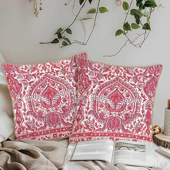 KSLIDS Pink Teal Flower Soft Velvet Throw Pillow Covers Set of 2 Boho Ethnic Red Foral Decorative Pillow Covers 20x20 Inch Bohemian Farmhouse Pillow Case for Sofa Couch Living Room Home Decor