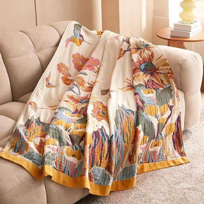 Boho Throw Blanket - 100% Cotton Soft Throw Blanket for Bed, 90"x90" Reversible Breathable Lightweight Spring Blankets, All Seasons Farmhouse Decor Floral Plant Butterfly Throw Quilt