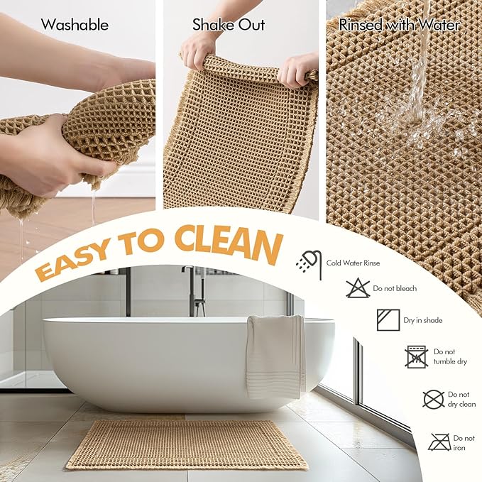 MIULEE Set of 2 Waffle Bathroom Rugs, Boho Bath Rug Super Absorbent, Non Slip Washable Ultra Soft Rubber Backed Shower Bath Mats for Floor, Tub, Shower, Bordered Design, Brown, 18x30 Inch
