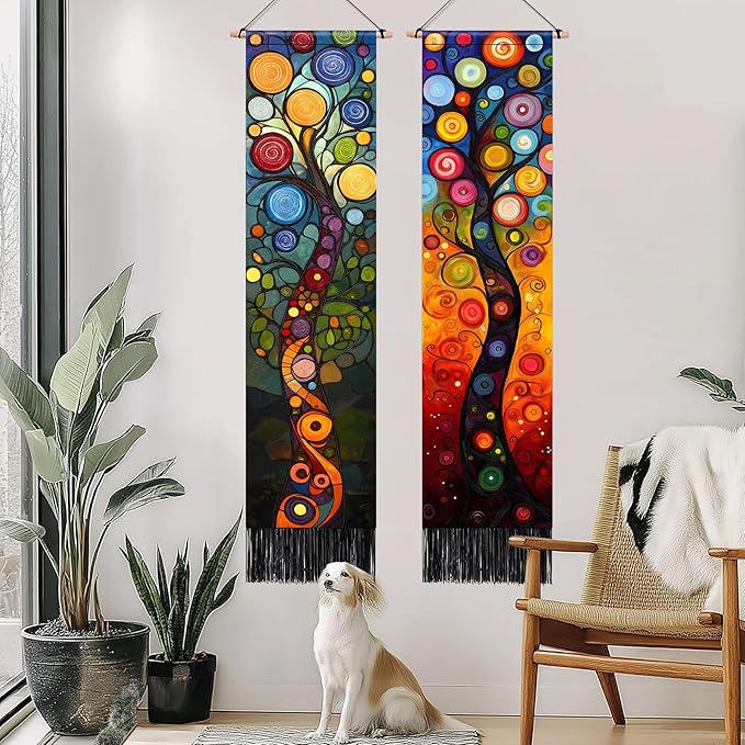 AOHMPT Pack of 2 Long Vertical Tapestry,Nature Landscape Tapestry with Serene Mountain River, Moon & Sun Motifs,Traditional Ink Painting Wall Art , Zen Aesthetic Wall Hanging for Living Room Bedroom Decor 13" W x 51" H"