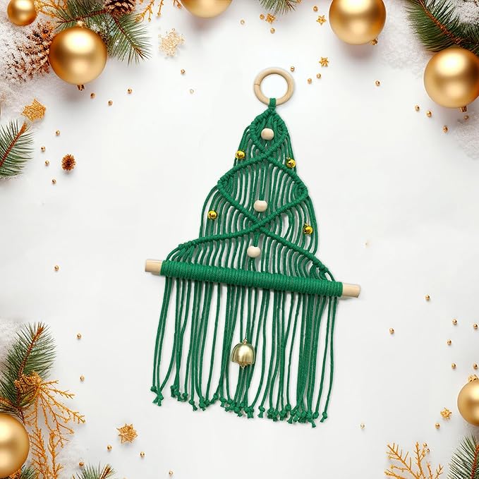 HVEST Green Macrame Christmas Tree Wall Hanging- Macrame Christmas Ornaments- Boho Xmas Gifts- Handmade Woven Tapestry for Bedroom Living Room Holiday Decorations, 16L X 10W