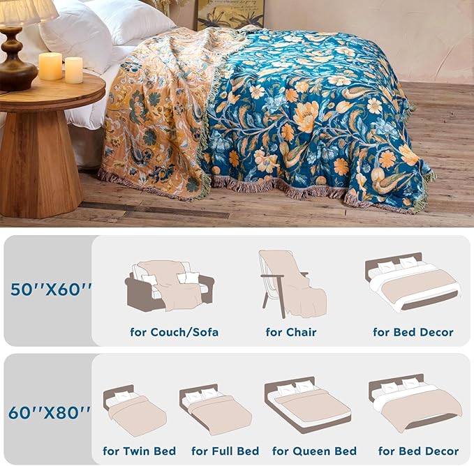 Boho Throw Blanket 50"x60" 100% Cotton Floral Couch Blanket with Flower Bird,ReversibleSoft Breathable Lightweight Spring Decorative Blankets with Fringe for Sofa Chair Bed Decor All Season