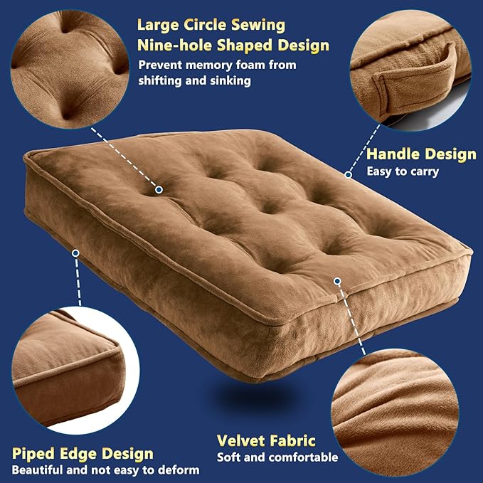 Floor Pillow Set of 4, Memory Foam Meditation Cushion, Floor Cushions for Adults Sitting, Large Square Seat Cushions for Yoga, Living Room, 20x20 Inch (Brown)