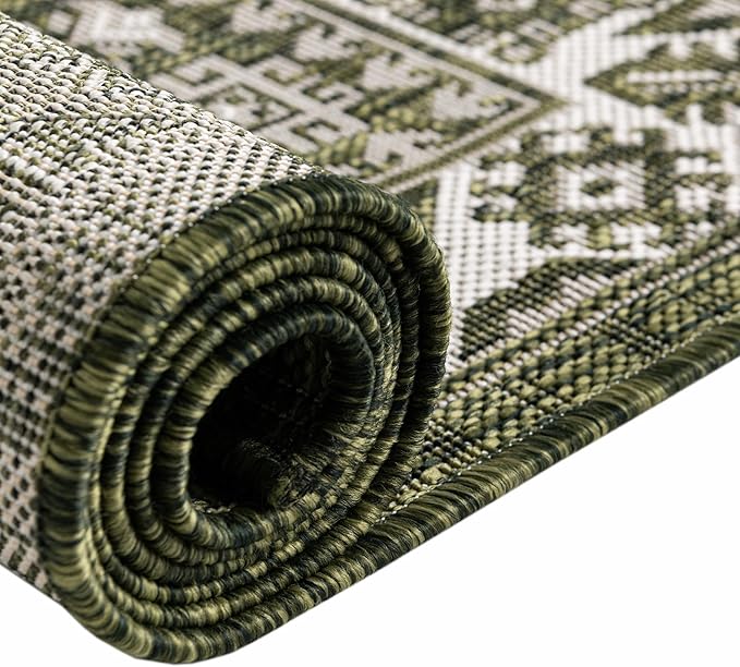 Rugs.com Outdoor Aztec Collection Rug – 13 Ft Square Green Flatweave-Pile Rug Perfect for Living Rooms, Kitchens, Entryways