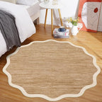 GarveeHome Scalloped Washable Round Rugs 4ft, Non-Slip Soft Ultra-Thin, Small Boho Circle Stain Resistant Low Pile Carpet for Entryway Kitchen Bedroom Nursery Bathroom, Light Brown