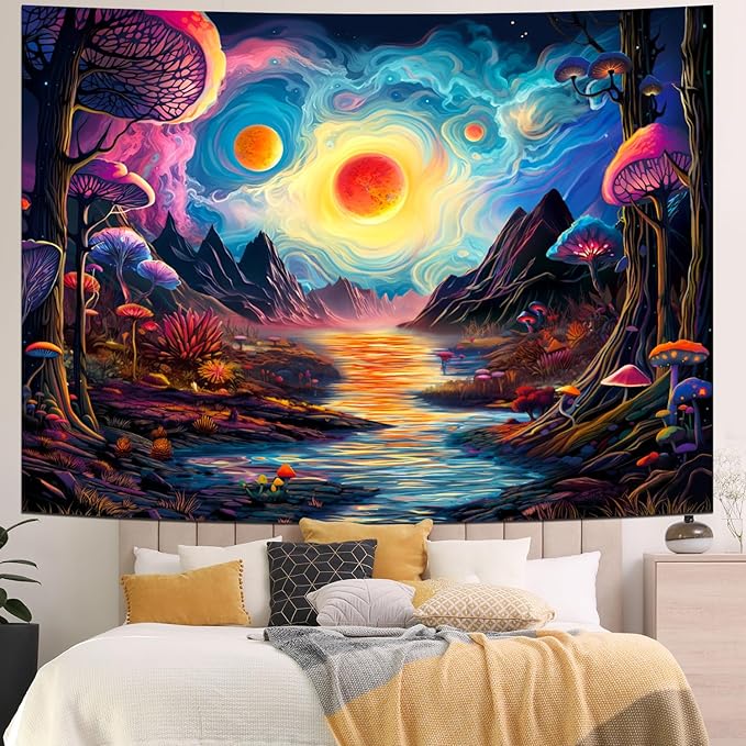 Generleo Fantasy Forest Mushroom Tapestry Galaxy Planet Tapestries Magical River Mountain Wall Decor Mysterious Starry Sky Tapestry Wall Hanging for Bedroom