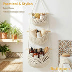 Macrame 3-Tier Hanging Wall Basket, Handwoven Jute Storage Organizer, Boho Decor for Kitchen, Bathroom, Living Room, Natural Cotton Rope Fruit Holder (White)