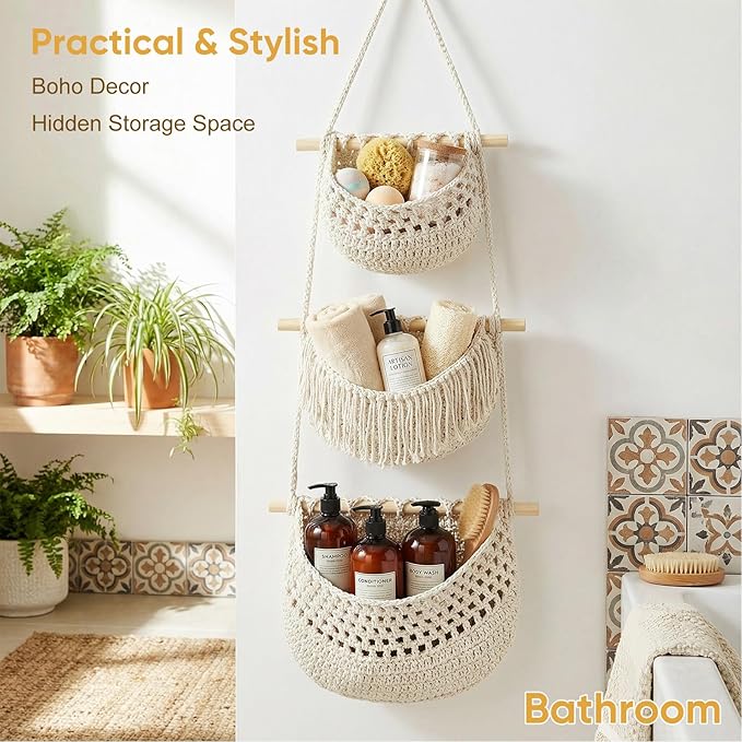 Boho Style Handwoven Rope Hanging Basket - 3-Tier Detachable Storage Organizer for Kitchen/Bathroom/Entryway, 3 Included Heavy-Duty Hooks, 7 Color Options Available (Brown)