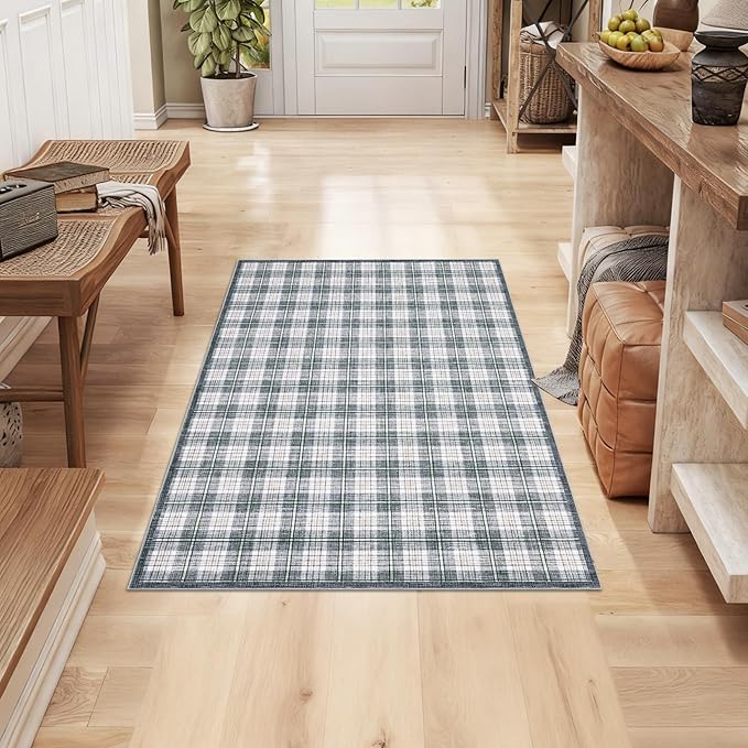 GarveeHome Checkered Rugs 2x3, Machine Washable Entryway Rug with Non Slip Backing, Stain Resistant Low-Pile Doormat for Indoor Outdoor Hallways Kitchen Bathroom Bedroom Grey