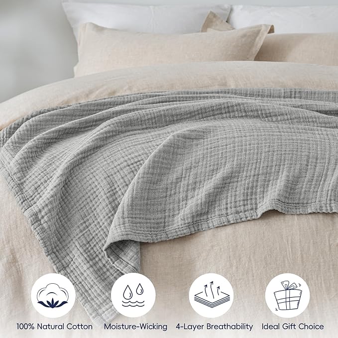 PHF 100% Cotton Muslin Throw XL Blanket Large 50" x 70", 4-Layer Lightweight Gauze Throw, Breathable Cloud-Soft Minimalist Blanket for Bed, Couch, Camping & Baby, Light Grey, Ideal Gift