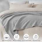 PHF 100% Cotton Muslin Throw XL Blanket Large 50" x 70", 4-Layer Lightweight Gauze Throw, Breathable Cloud-Soft Minimalist Blanket for Bed, Couch, Camping & Baby, Light Grey, Ideal Gift