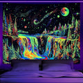 Zussun Blacklight Forest Tapestry for Bedroom Aesthetic Hippie Mountain Waterfall Tapestries Wall Hanging Glow in The Dark Moon and Stars Wall Tapestry for Living Room Dorm 48 × 36 Inch