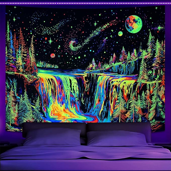 Zussun Blacklight Forest Tapestry for Bedroom Aesthetic Hippie Mountain Waterfall Tapestries Wall Hanging Glow in The Dark Moon and Stars Wall Tapestry for Living Room Dorm 48 × 36 Inch