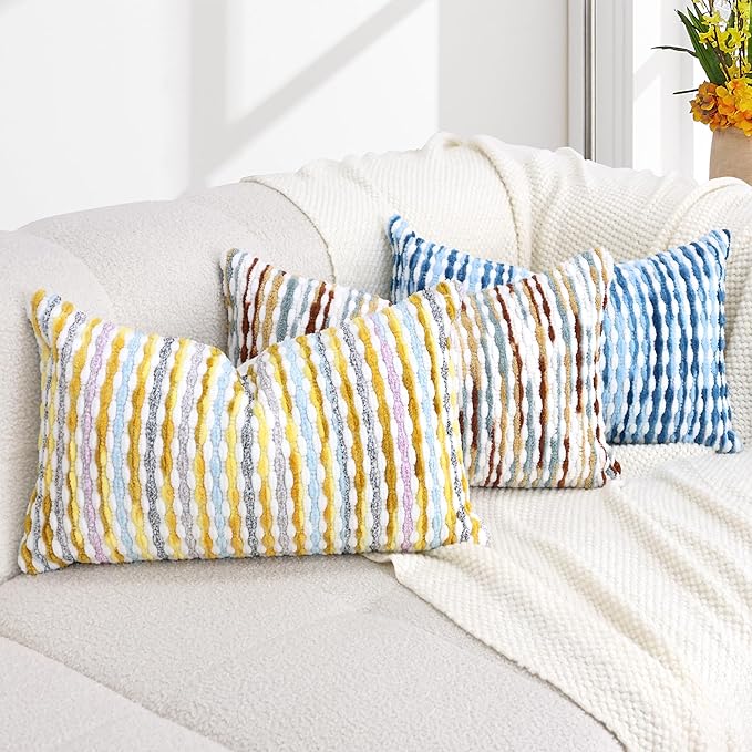 Boho Decorative Throw Pillow Covers 12x20 Inch, Chenille Tufted Pillow Cover Stripe Textured Lumbar Farmhouse Accent Pillowcase for Couch Sofa Bedroom Living Room, Red White Khaki Grey 1 Pack