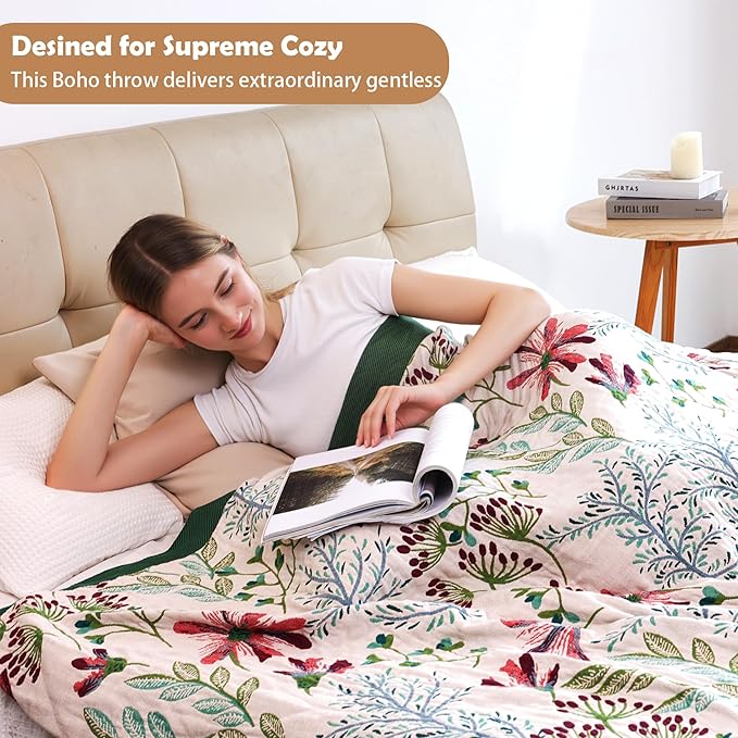 Boho Throw Blanket, 100% Organic Cotton Breathable Ultra Soft 80" x 90" Bed Quilt Throw - All Season Floral Rustic Farmhouse Decor Luxury Reversible Blanket for Sofa Couch Chair and Gift