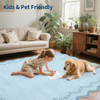 GarveeHome 5x7 Scalloped Area Rug Blue Washable Rugs for Living Room Bedroom, Soft Low Pile Non Slip Accent Floor Mat Solid Floral Print Throw Rug Farmhouse Indoor Carpet for Dorm Playroom