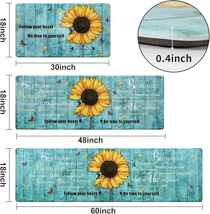 Likiyol Sunflower Kitchen Rugs Sets of 3 Kitchen Mats for Floor Anti Fatigue Mats for Kitchen Floor, Spring Floral Flower Non Slip Washable Standing Floor Mats, 18''x30''+18''x48''+18''x60''(Blue)