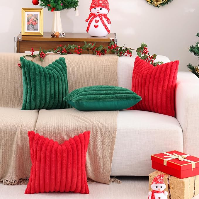 Pallene Faux Fur Plush Lumbar Throw Pillow Covers 12x20 Set of 2, Luxury Soft Fluffy Striped Decorative Pillow Covers for Sofa, Couch, Living Room, Christmas Green