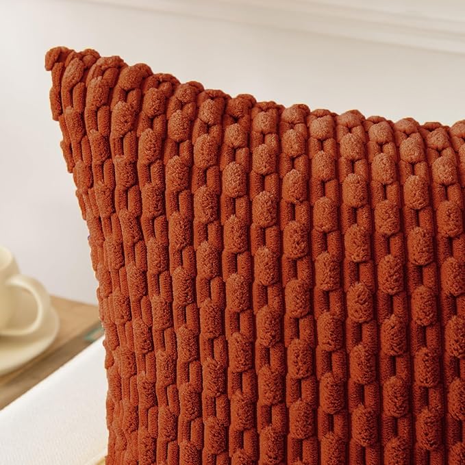 Kevin Textile Fall 14x20 Inch Pillow Cover 1 Pack Boho Decorative Soft Striped Corduroy Lumbar Farmhouse Solid Color Accent Rectangle Cushion Case for Living Room Couch Sofa Bed, Burnt Brick